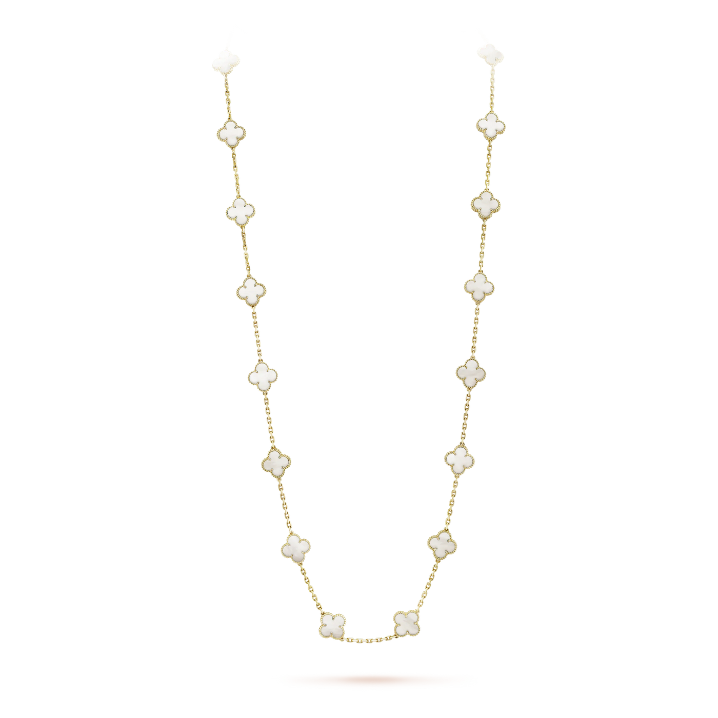 Long Fleuron Paris Clover Leaf Necklace in white mother-of-pearl, 925 sterling silver, 18k gold plated, featuring 20 motifs on 33.86-inch chain.
