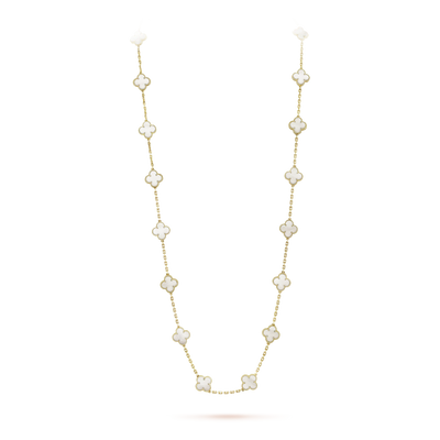 Long Fleuron Paris Clover Leaf Necklace in white mother-of-pearl, 925 sterling silver, 18k gold plated, featuring 20 motifs on 33.86-inch chain.
