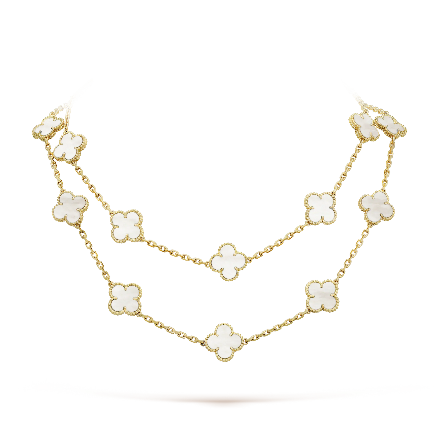 Fleuron Paris Clover Leaf Necklace in white mother-of-pearl, 925 sterling silver, 18k gold plated, featuring 20 motifs in a double-layered design.