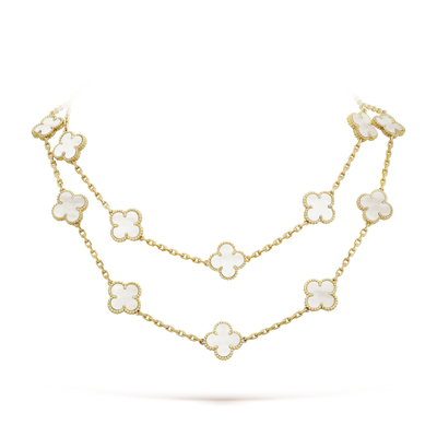 Fleuron Paris Clover Leaf Necklace in white mother-of-pearl, 925 sterling silver, 18k gold plated, featuring 20 motifs in a double-layered design.