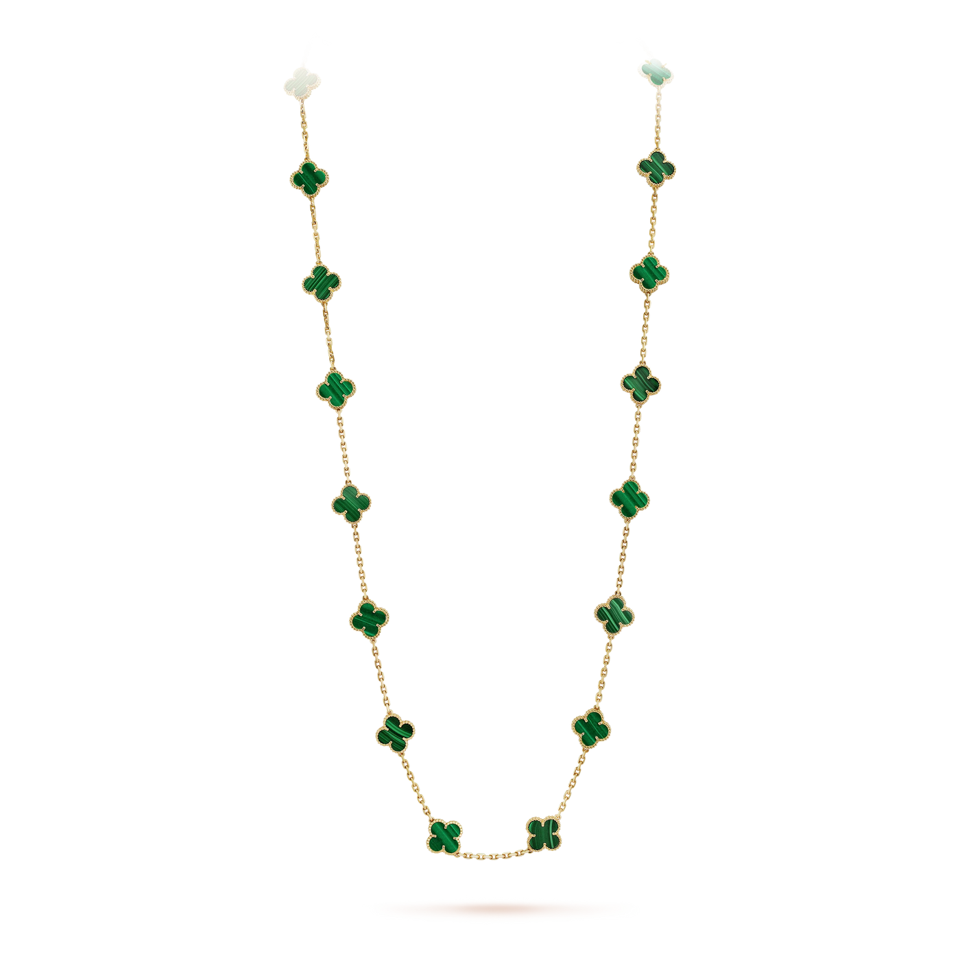 Fleuron Paris Necklace - Clover Leaf Gold Necklace in green malachite, 925 sterling silver, 18k gold plated, 20 motifs on 33.86-inch chain.