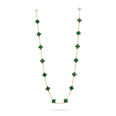 Fleuron Paris Necklace - Clover Leaf Gold Necklace in green malachite, 925 sterling silver, 18k gold plated, 20 motifs on 33.86-inch chain.