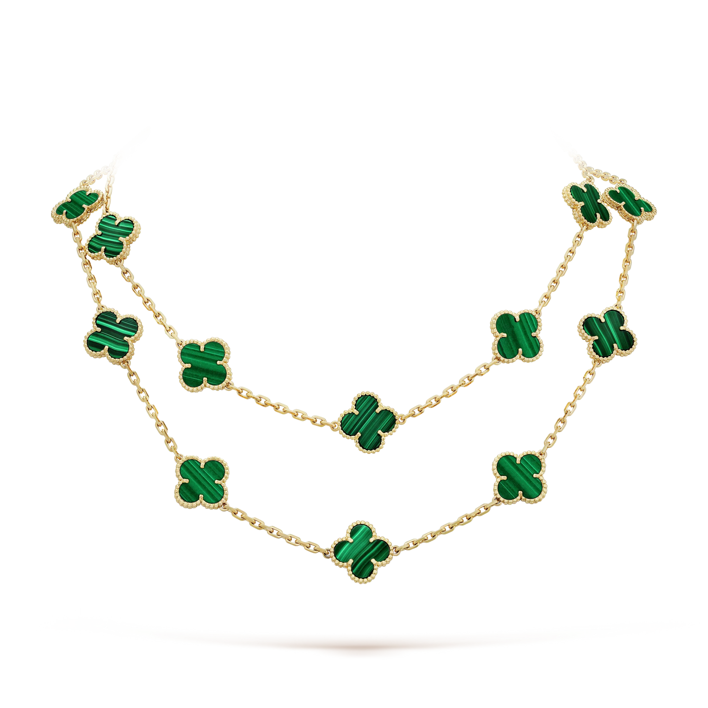 Fleuron Paris Clover Leaf Necklace in green malachite, 925 sterling silver, 18k gold plated, with 20 motifs in a layered chain design.