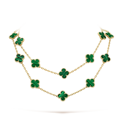 Fleuron Paris Clover Leaf Necklace in green malachite, 925 sterling silver, 18k gold plated, with 20 motifs in a layered chain design.
