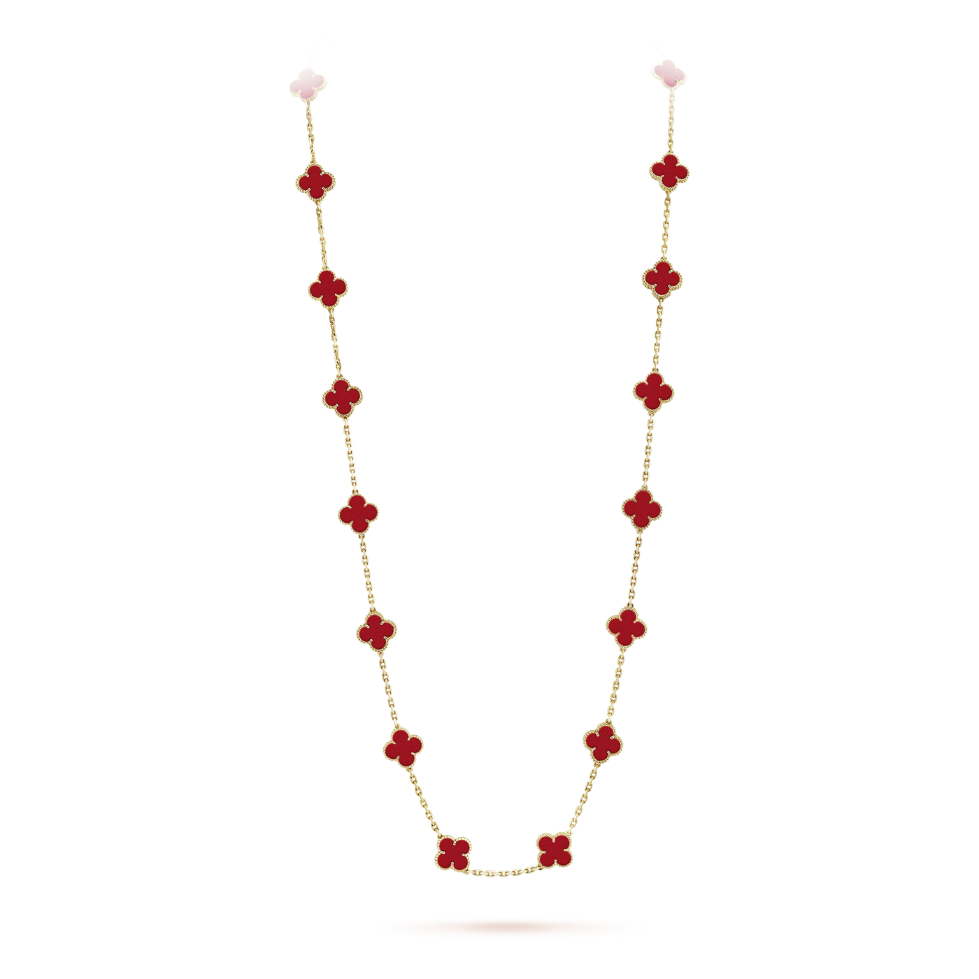 Fleuron Paris Necklace - Clover Leaf Gold Necklace | 925 Silver in red carnelian with 20 motifs on a long 18k gold plated chain, 33.86 inches.