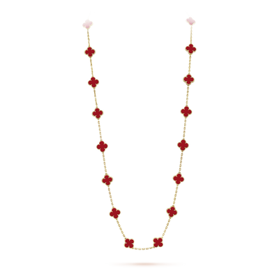 Fleuron Paris Necklace - Clover Leaf Gold Necklace | 925 Silver in red carnelian with 20 motifs on a long 18k gold plated chain, 33.86 inches.