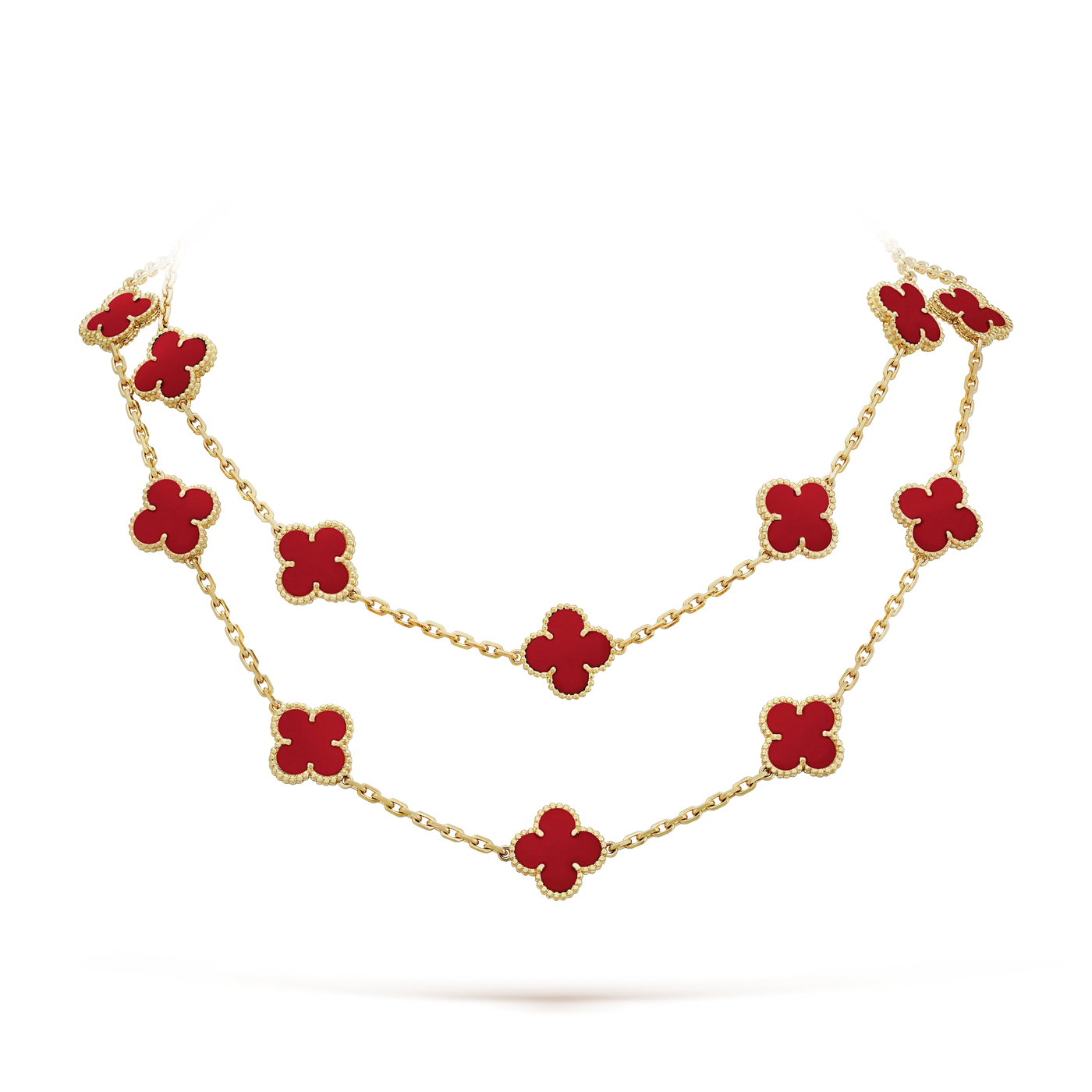 Double-layered Fleuron Paris Clover Leaf Gold Necklace in red carnelian, 925 sterling silver with 18k gold plating, featuring 20 elegant motifs.
