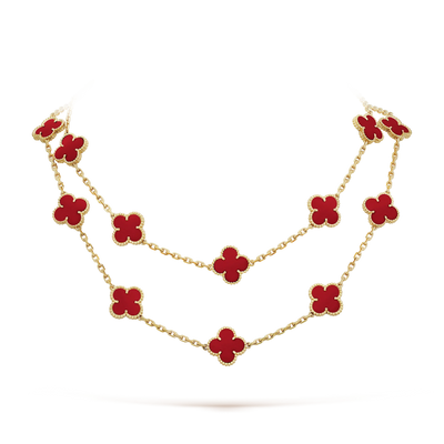 Double-layered Fleuron Paris Clover Leaf Gold Necklace in red carnelian, 925 sterling silver with 18k gold plating, featuring 20 elegant motifs.