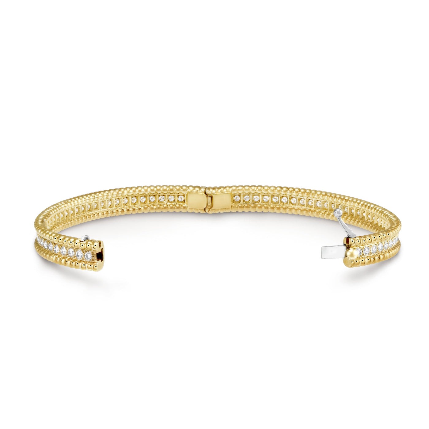 Open view of Fleuron Paris Perlee Bangle - 18k gold plated with zircon, showcasing clasp and inner beaded design for secure wear.