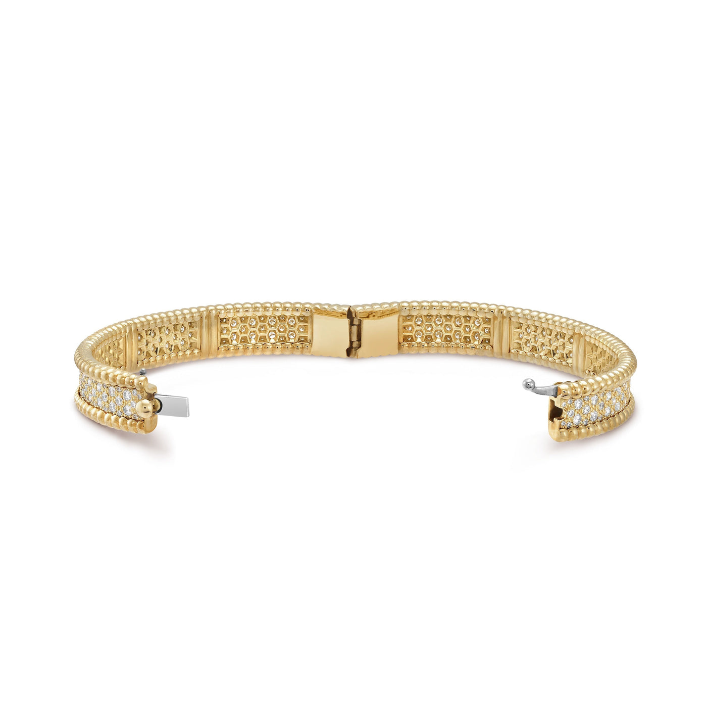 Open clasp view of Fleuron Paris Perlee Bangle - 18k gold plated with cubic zircon, highlighting inner structure and detailed finish.