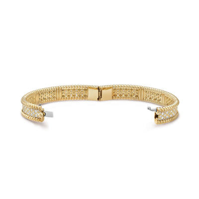 Open clasp view of Fleuron Paris Perlee Bangle - 18k gold plated with cubic zircon, highlighting inner structure and detailed finish.