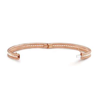 Open rose gold Fleuron Paris Perlee Bangle - 18k gold plated with zircon, highlighting inner craftsmanship and secure clasp design.