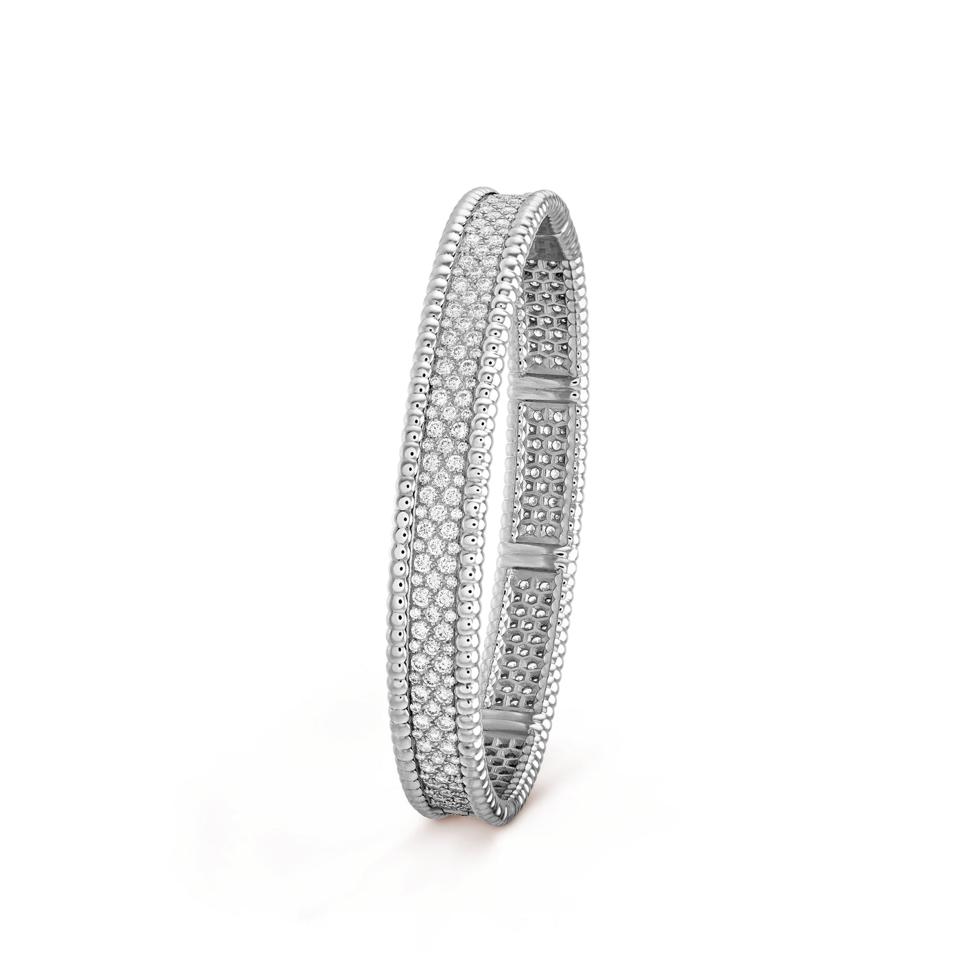 Angled view of Fleuron Paris Perlee Bangle in silver tone - 18k gold plated with cubic zircon, elegant and versatile for any occasion.