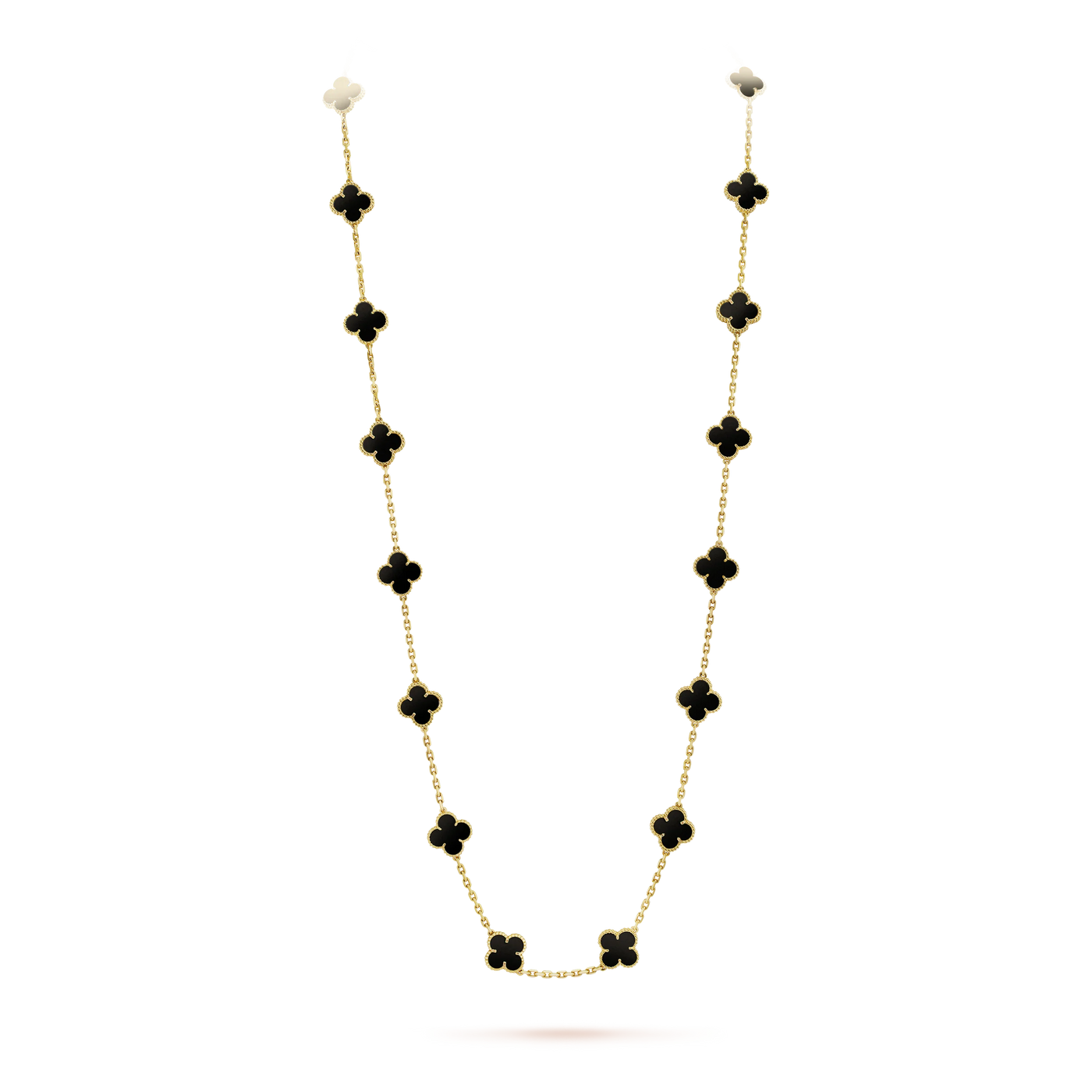 Fleuron Paris Clover Leaf Gold Necklace in black onyx, 925 silver, 18k gold plated, with 20 motifs on a long elegant chain.