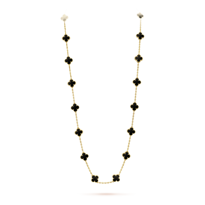 Fleuron Paris Clover Leaf Gold Necklace in black onyx, 925 silver, 18k gold plated, with 20 motifs on a long elegant chain.