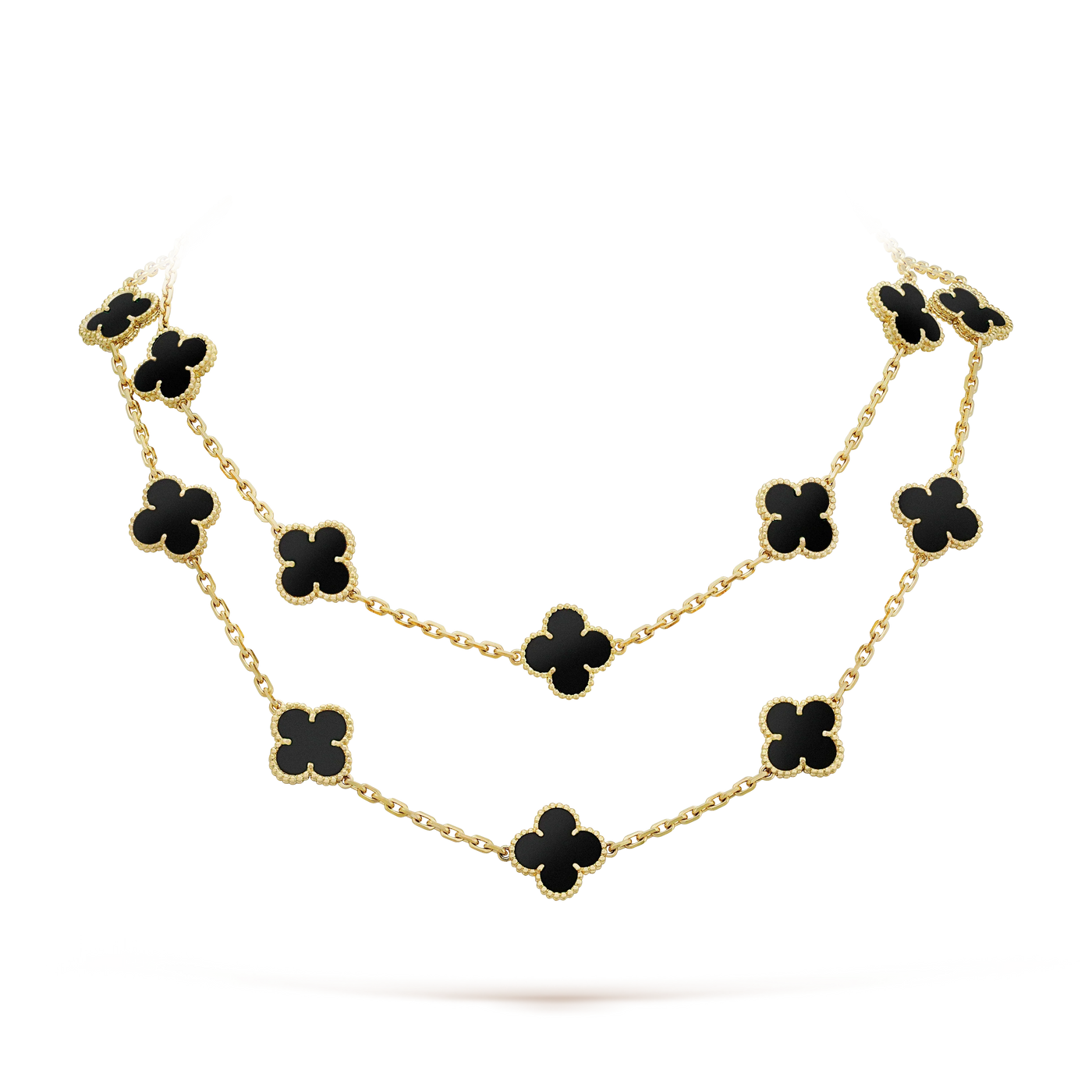 Fleuron Paris Clover Leaf Gold Necklace in black onyx, 925 sterling silver with 18k gold plating, double-layered with 20 clover motifs.