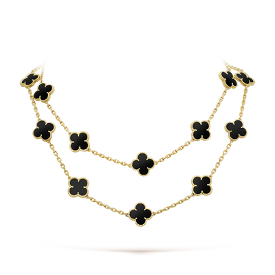 Fleuron Paris Clover Leaf Gold Necklace in black onyx, 925 sterling silver with 18k gold plating, double-layered with 20 clover motifs.