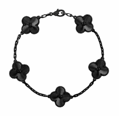 Fleuron Paris Clover Bracelet in black tungsten carbide with stainless steel chain, featuring five clover leaf charms in a sleek, adjustable design.